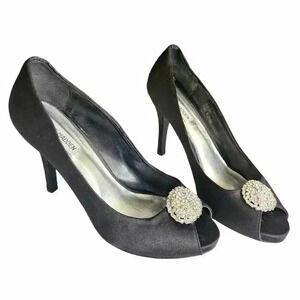 Steve Madden Gossip Heels 8.5 • Black Satin Rhinestone Stilettos